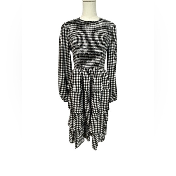JessaKae Gingham Plaid Dress Smocked Size M Black White Tiered Cottage Milkmade - Picture 4 of 13